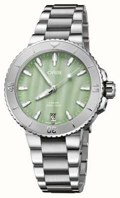 ORIS Aquis 日期自动腕表（36.5 毫米）海泡绿色珍珠母贝表盘/精钢表链 01 733 7770 4157-07 8 18 05P