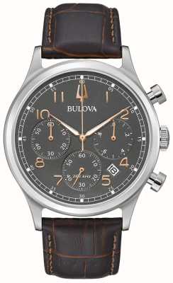 Bulova 男士精准计时码表|灰色表盘|棕色皮革表带 96B356