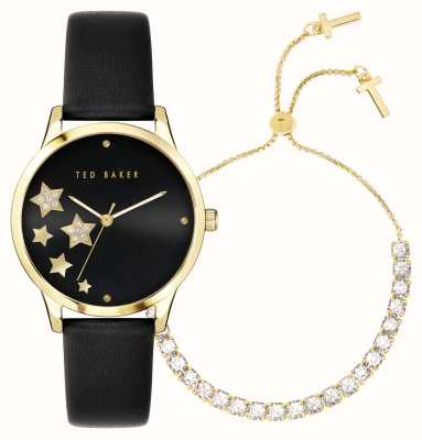 Ted Baker 女士星光礼品套装黑色表盘黑色皮表带手表搭配金色手链 BKGFW2217