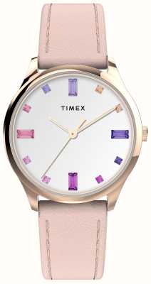 Timex 女款主街白色水晶表盘粉色皮表带 TW2V76400