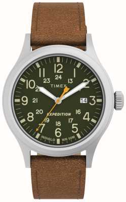 Timex 男士 expedition scout 绿色表盘棕色皮革表带 TW4B23000