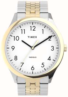 Timex 男士易读表（40毫米）白色表盘/双色不锈钢表链 TW2U40000