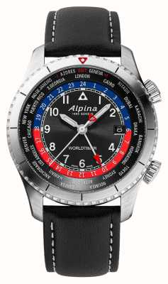 Alpina Startimer 飞行员石英世界时间腕表 (41 毫米) 黑色表盘 / 黑色小牛皮 AL-255BRB4S26