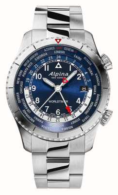 Alpina Startimer 飞行员石英世界时间腕表 (41 毫米) 蓝色表盘 / 不锈钢 AL-255N4S26B