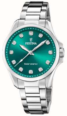 estina 女式太阳能（34mm）绿色表盘/精钢表链 F20654/3