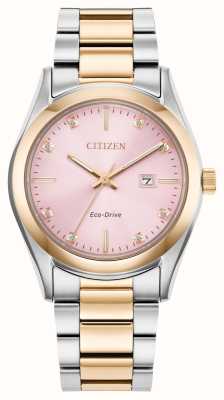 Citizen 女式生态驱动（33毫米）粉色镶钻表盘/双色不锈钢表链 EW2706-58X