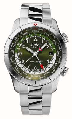 Alpina Startimer 飞行员石英世界时间 (41 毫米) 绿色表盘 / 不锈钢 AL-255GR4S26B