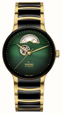 RADO Centrix 自动镂空心形腕表（39.5 毫米）绿色表盘/黑色高科技陶瓷和金色不锈钢 R30008302