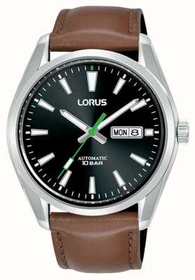 Lorus 经典自动星期/日期 100m（42.5mm）黑色太阳纹表盘/棕色皮革 RL457BX9