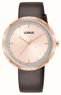 Lorus 闪光石英（36 毫米）玫瑰金太阳纹表盘 / 深棕色皮革 RG246WX9
