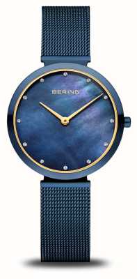 Bering 女士经典款（32毫米）蓝色珍珠母贝表盘/蓝色不锈钢网状表链 18132-399