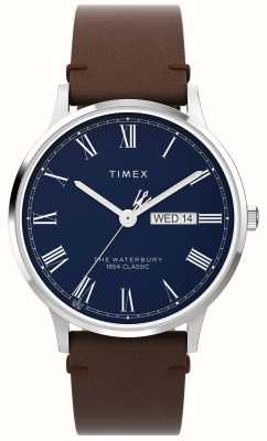 Timex 男士沃特伯里（40毫米）蓝色表盘/棕色皮表带 TW2W14900