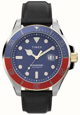 Timex Harbourside Coast 自动上链腕表（43 毫米）蓝色表盘/黑色皮表带 TW2V72200
