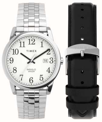 Timex 男士易读盒套装（38毫米）白色表盘/不锈钢和黑色皮表带套装 TWG063200
