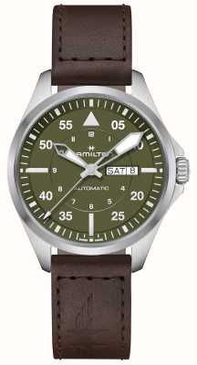Hamilton 卡其色航空飞行员星期日历型自动腕表（42毫米）绿色表盘/深棕色皮表带 H64635560