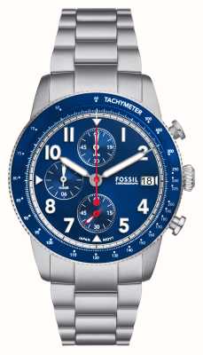 ossil 男士运动旅行腕表（42 毫米）蓝色计时表盘/不锈钢表链 FS6047