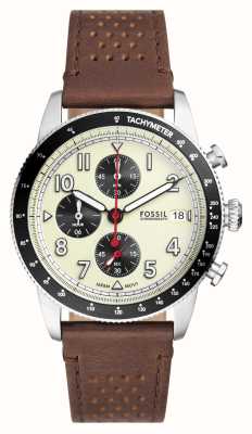 Fossil 男士运动旅行腕表（42 毫米）奶油色计时表盘/棕色皮表带 FS6042