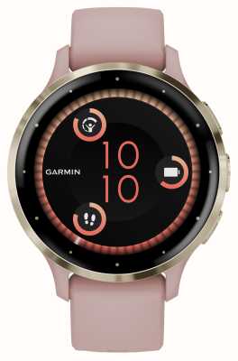 Garmin Venu 3s 软金不锈钢表圈，搭配尘玫瑰色表壳和硅胶表带 010-02785-03