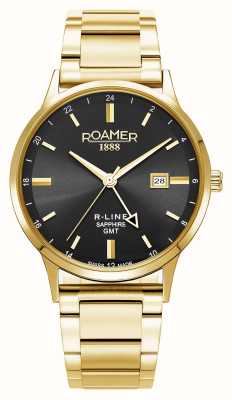 Roamer R-line GMT（43 毫米）黑色表盘/可互换金色不锈钢表链和黑色皮革表带 990987 48 85 05