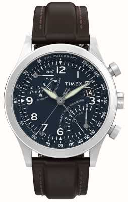 Timex Waterbury 传统飞返计时码表（42 毫米）蓝色表盘/棕色皮革表带 TW2W47900