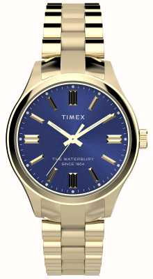 Timex Waterbury 传统 (34 毫米) 蓝色表盘/金色 pvd 不锈钢表链 TW2W40300
