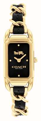 Coach 女款 cadie 黑色矩形表盘/黑色皮革金色不锈钢表链 14504281