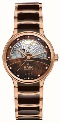 RADO Centrix 自动钻石开放式心形腕表（35 毫米）棕色珍珠母贝表盘/玫瑰金和棕色表链 R30029902
