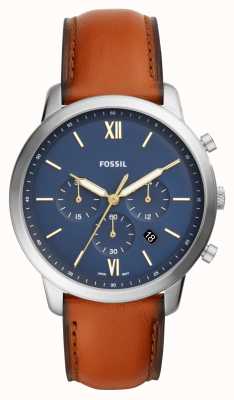 Fossil 男士中性计时码表|蓝色计时表盘|棕色皮表带手表 FS5453
