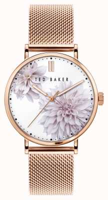 Ted Baker |女式| phylipa peonia |玫瑰金网状手链|白色花卉表盘| BKPPHF010