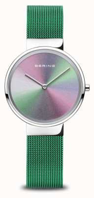 Bering 周年纪念|女式|抛光银|绿色网眼手链 10X31-ANNIVERSARY1
