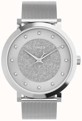 Timex 女款天界奢华 38 毫米银色表壳/银色闪光表盘配水晶 TW2U67000