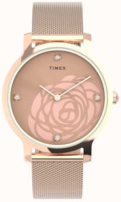 Timex Wms 超越花卉镂空玫瑰金色表壳和网眼手链 TW2U98100
