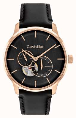 Calvin Klein 男士自动黑色和玫瑰金手表皮表带 25200074