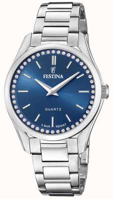 Festina 女士钢质手表，带 cz 镶嵌和钢质表链 F20583/3