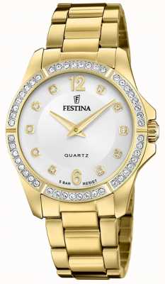 Festina 女士镀金手表，带 cz 套装和钢表链 F20596/1