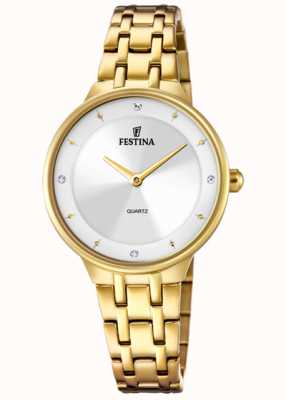 Festina 女士金色手表，带 cz 套装和精钢表链 F20601/1